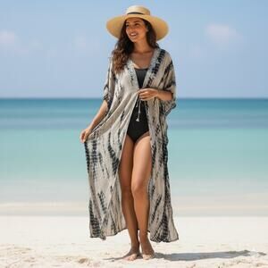 Luminary Fine Collection Cotton Kimono Duster Tie Dye Embroidered Kaftan Maxi OS